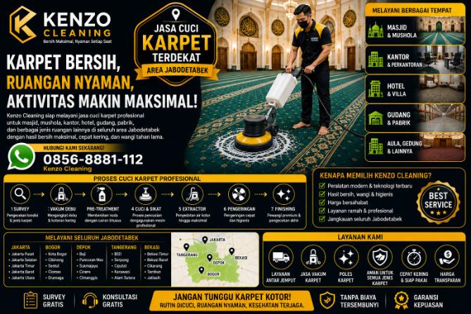 Jasa Cuci Karpet Terdekat Area Jabodetabek Profesional untuk Masjid, Kantor, Hotel, Gudang & Pabrik | Kenzo Cleaning